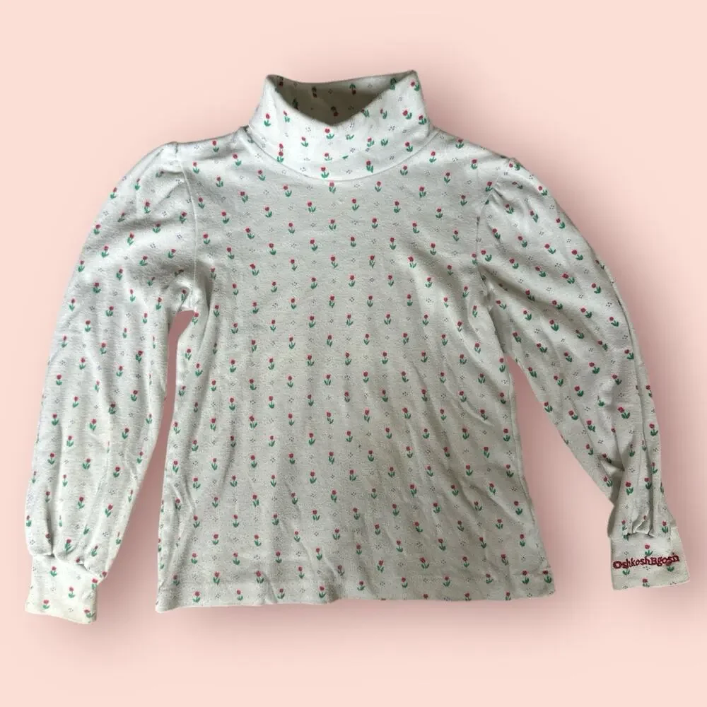 Vintage OshKosh B’gosh Logo Floral Turtleneck Size 6x White Red Tulips Flowers